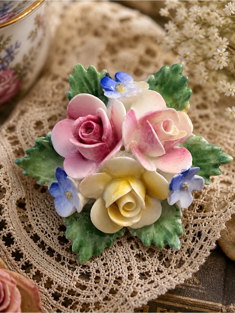 Vintage English Bone China Floral Brooch Pink Roses Blue Flowers
